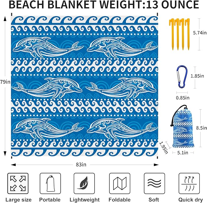 Beach Blanket Waterproof Sandproof 79"x 83" for 1-4 Adults,Quick Drying Beach Mat,Lightweight & Durable,Beach Essentials for Family Beach Camping Travel Picnic(Blue Dolphin)