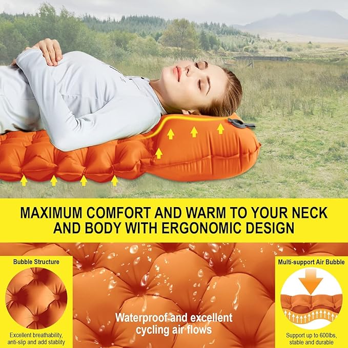 Double Sleeping Pad for Camping 4" Extra-Thick Camping Mat for 2 Person with Pillow Built-in Foot Pump, Ultralight Portable Inflatable Sleeping Mat for Backpacking Hiking Traveling(Orange)