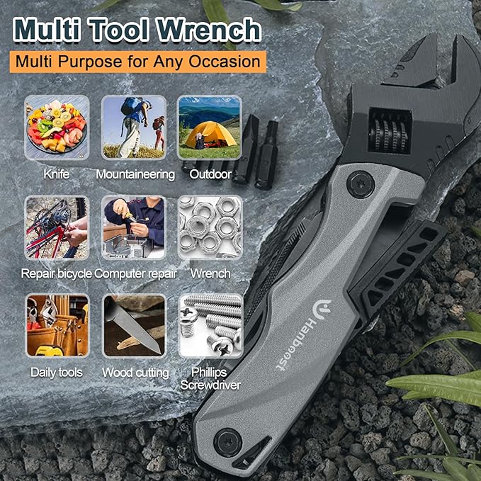 Multitool Wrench Wide Jaw Opening Camping Gear, Gift Ideas for Him,12 In 1 Small Adjustable Spanner with Screwdriver bits, Knife & Bottle Opener,Survial Tool for Home, Outdoor & DIY.