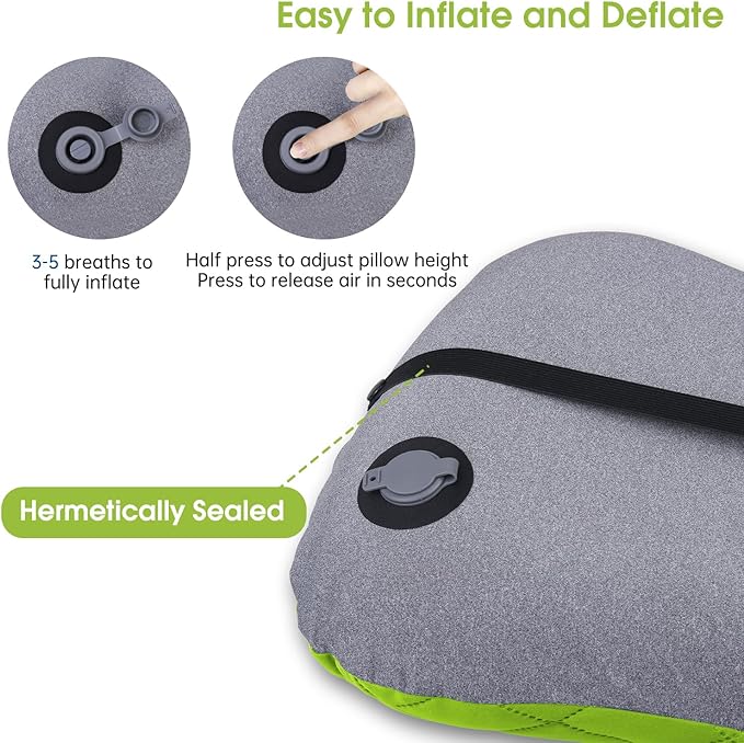 Inflatable Camping Pillow with Removable Cover - Ultralight Compact Camp Pillows for Sleeping, Backpacking, Hiking, Beach, Outdoor - Portable Blow Up Air Travel Pillow for Neck & Lumbar Support -Green