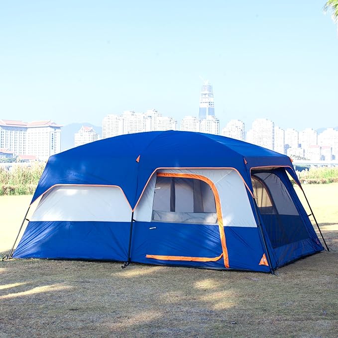 KTT Extra Large Tent 10-12-14 Person(Style-B),Family Cabin Tents,2 Rooms,3 Doors and 3 Windows with Mesh,Straight Wall,Waterproof,Double Layer,Big Tent for Outdoor,Picnic,Camping,Family Gathering