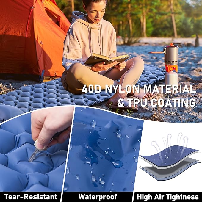 Camping Sleeping Pad, Ultra Light Camping Pad with Pillow Built-in Foot Pump Inflatable Sleeping Pad Compact and Lightweight Air Mat (Blue)