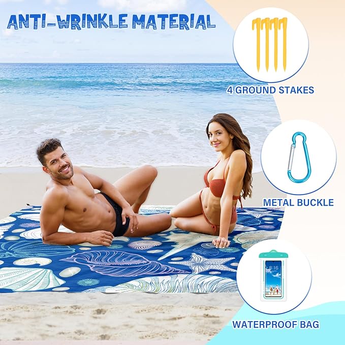 Beach Blanket Waterproof Sandproof 1-7 Adult Oversized 78 '' × 81 '' Lightweight Durable Compact Sand Free Beach Mat for Travel Camping Hiking Picnic Blanket Extra Large