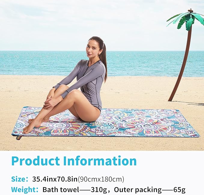 Hiturbo 2 Pack Microfiber Beach Towels,(71"x35") Oversized Sand Free Travel Towels Fast Drying Swimming Towel, Lightweight Compact Camping Towel Super Absorbent Pool Towel