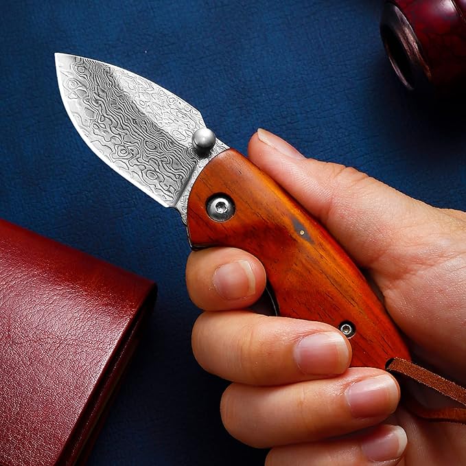 Small Folding Pocket Knife (KF1), 1.77 Inch Damascus Steel Blade with Thumb Stud. EDC Knife with Rosewood Handle and Liner Lock, 2.39 oz, Red