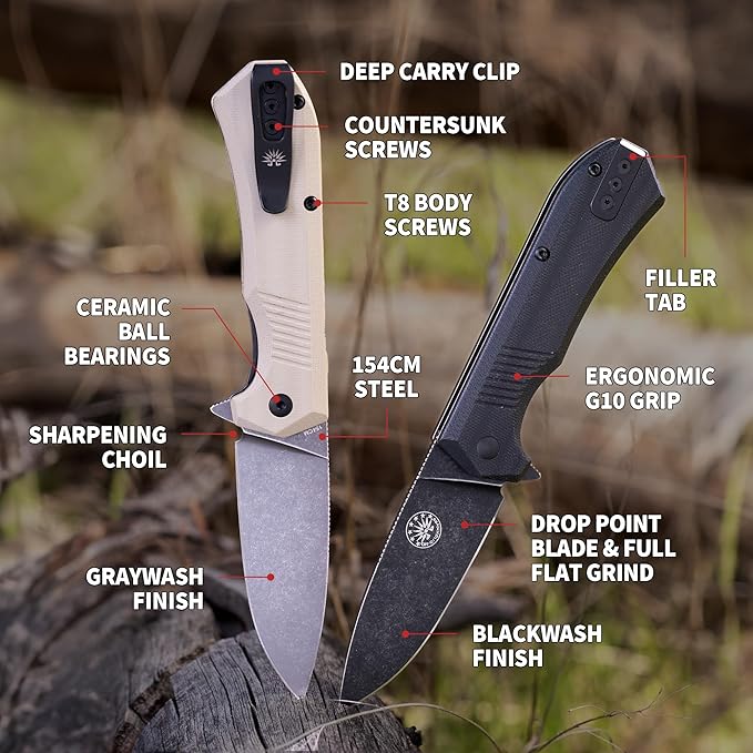 Off-Grid Knives - Stinger EDC Folding Knife with Drop Point Blade, Full Flat Grind, Crucible 154CM Steel, G10 Scales, Deep Carry Clip, Everyday Carry (Coyote)