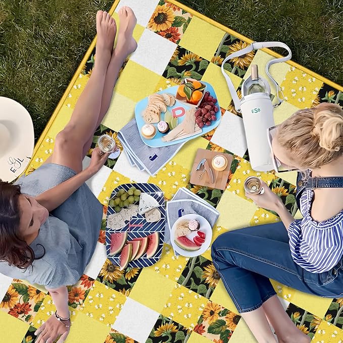 Sunflower Bee Picnic Blanket Waterproof Foldable Extra Large Picnic Mat Beach Blanket 60"x80" for Camping Beach Hiking Patio Party Outdoor Decor Gifts