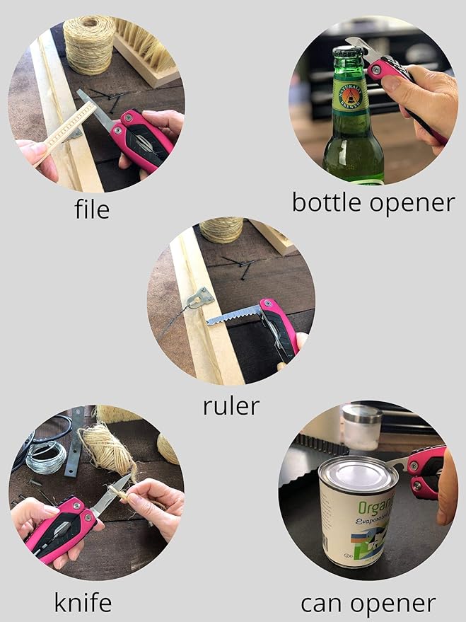 Apollo Tools 14-in-1 Steel Pocket Multitool Pliers, Dozens of Uses for Everyday Life, Repairs, Survival, Outdoors, Camping, Fishing - Pink Ribbon - Pink - DT5015P