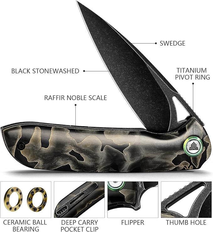 Folding Knife,3.48" Black PVD Blade Raffir Noble Handle with Deep Carry Pocket Clip,Cool Camping Hunting Flipper Knives for Men,Sgr-07