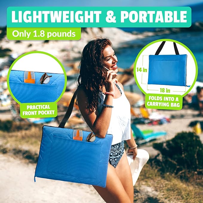 Beach Blanket Sand Proof & Outdoor Picnic Blanket - Water Resistant, Large Mat for Camping or Travel. Washable, Foldable, Easy Carry Compact Tote Bag (Green/Blue Plaid)