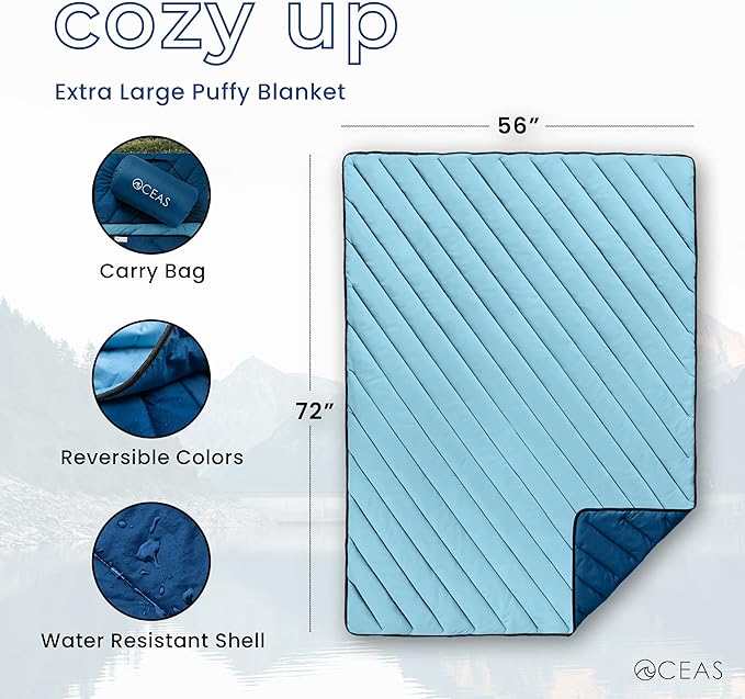 Oceas Outdoor Waterproof Stadium Blanket - Thicker Weather Proof and Windproof Blankets for Camping, Sporting Events, Picnic and Car Use - 100% Waterproof Insulated Blanket and Throws (Puffy, Blue)