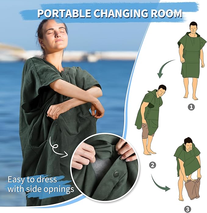 Tirrinia Hooded Surf Poncho Changing Towel Summer Swim Robe with Pocket, Quick Dry Towel Hoodie for Surfing Swimming Diving Men Women