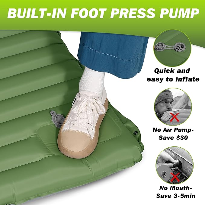 OUTSKIRT Inflatable Sleeping Pad with Built-in Foot Pump, Extra Thickness, Lightweight & Ultra-Comfort Sleeping Mat with Pillow for Camping, Hiking, Backpacking, Traveling, Tent, Green