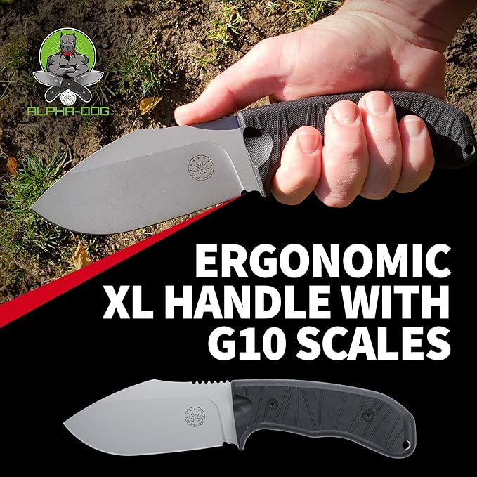Off-Grid Knives - Alpha-Dog Heavy Duty Fixed Blade Knife, 5mm Thick Cryogenic D2 Blade Steel, Full Tang, G10 Scales, XL Handle