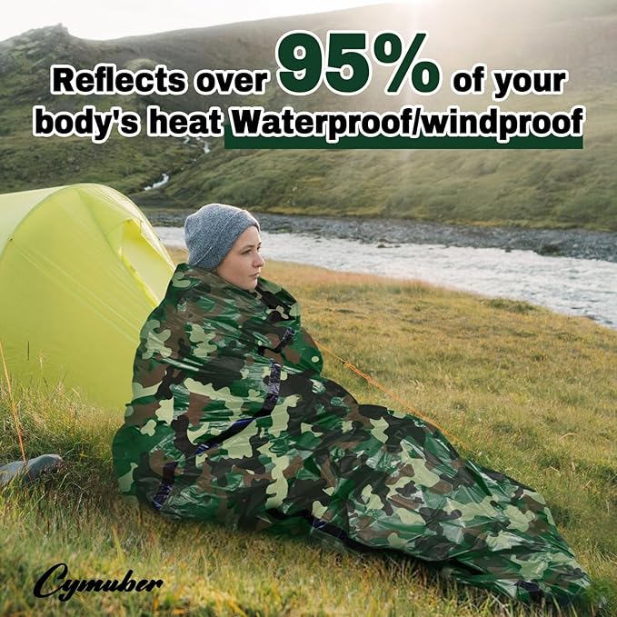 Emergency Sleeping Bag Survival Bag, Cymuber Portable Waterproof Thermal Bivy Sacks Tac Bivvy Bags,Camping Mylar Sleeping Bag Survival Gear Emergency Blankets Survival Shelter