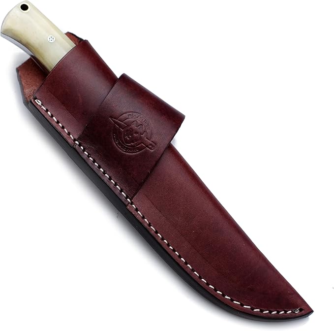 Handmade Damascus Steel Fixed Blade Knife Bowie for EDC,Hunting,Survival,Camping,Bushcraft,and Fishing with Drop Point Full Tang Bone Handel with Cowhide-Leather Sheath-WKD-789