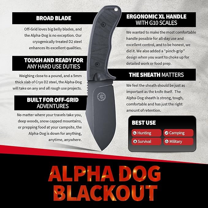 Off-Grid Knives - Alpha-Dog Heavy Duty Fixed Blade Knife, 5mm Thick Cryogenic D2 Blade Steel, Full Tang, G10 Scales, XL Handle