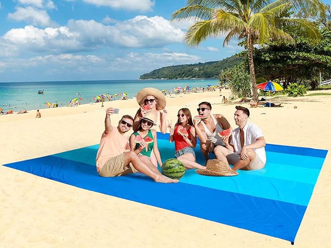 Beach Blanket Sandproof Extra Large Beach Mat Adults Waterproof Quick Drying Sand Free Mat Made by Premium Polyester with 4 Stakes & 4 Corner Pockets for Outdoor Travel Camping Hiking
