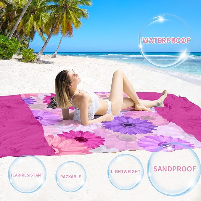 BYDOLL Beach Blanket Sandproof Waterproof 78''×81'' 1-4 Adults Compact Lightweight Oversized Beach Blanket Large Picnic Mat Beach Blanket for Travel Camping Hiking Picnic