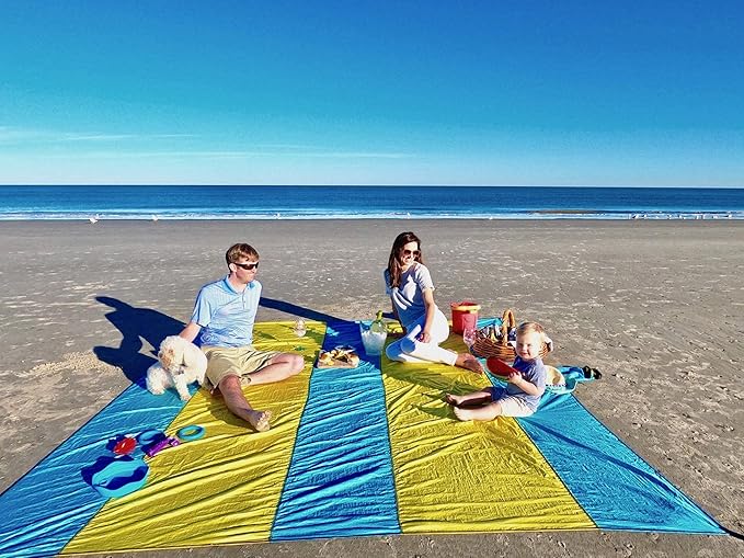 Premium XXL Beach Blanket Sandproof Water Resistant Quick Dry Mat 10ft by 9ft for 1-8 Adults with 4 Metal Stakes, 4 Corner Pockets, Secure Clip and Strap, and Attached Bag