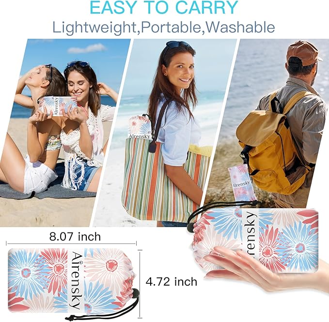 Airensky Beach Blanket, Sandproof Beach Mat 79" X 82" for 4-7 Adults, Large Waterproof Beach Blanket Lightweight Outdoor Blanket with 4 Stakes Beach Essential for Camping Travel Vacation(Pink Flowers)