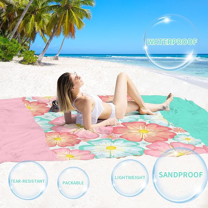 BYDOLL Beach Blanket Sandproof Waterproof Flower 78''×81''1-4 Adults Compact Lightweight Oversized Beach Blanket Large Picnic Mat Beach Blanket for Travel Camping Hiking Picnic