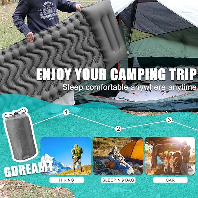 Inflatable Camping Sleeping Pad with Pillow, Compact Sleeping Mat with Built-in Foot Pump, Lightweight Camping Air Mattress for Backpacking Traveling Hiking Tent