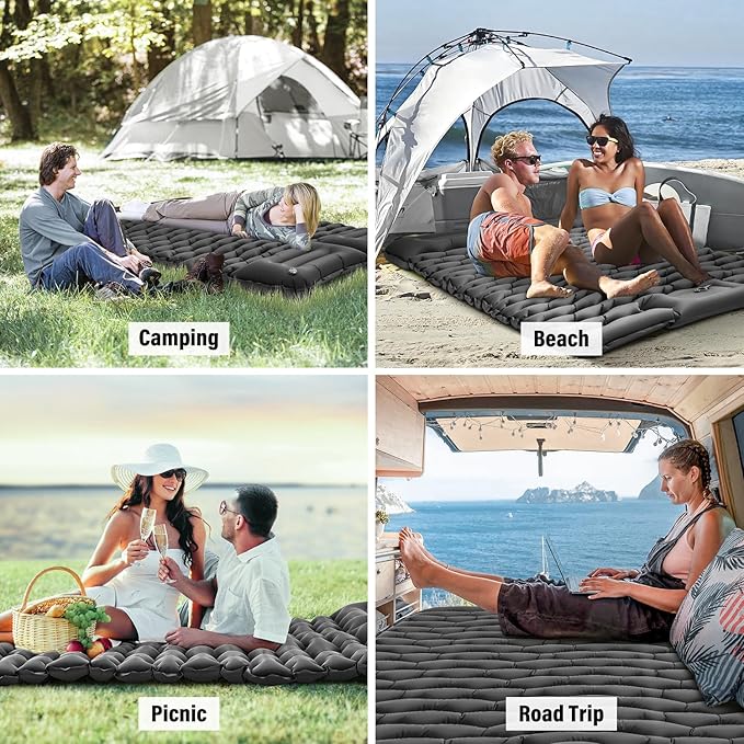 Double Sleeping Pad for Camping, Grey Inflatable Sleeping Mat with Pillow, Ultralight 2 Person Camping Pad with Built-in Foot Pump for Backpacking, Hiking, Tent, Portable Camping Mattress