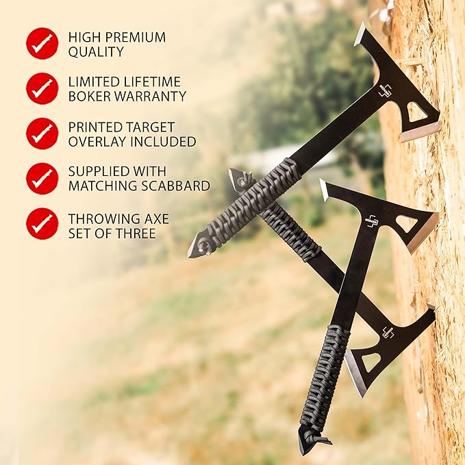 BOKER Plus® Mohican - Throwing Axe Set of 3 Black - Double Axe Made of 3Cr13 Steel with Sheath - Bushcraft, Camping, Outdoor & Survival Axe - Hatchet Axe Kit for Throwing Training