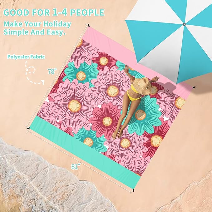 BYDOLL Beach Blanket Sandproof Waterproof 78''×81'' 1-4 Adults Floral Compact Lightweight Oversized Beach Blanket Large Picnic Mat Beach Blanket for Travel Camping Hiking Picnic