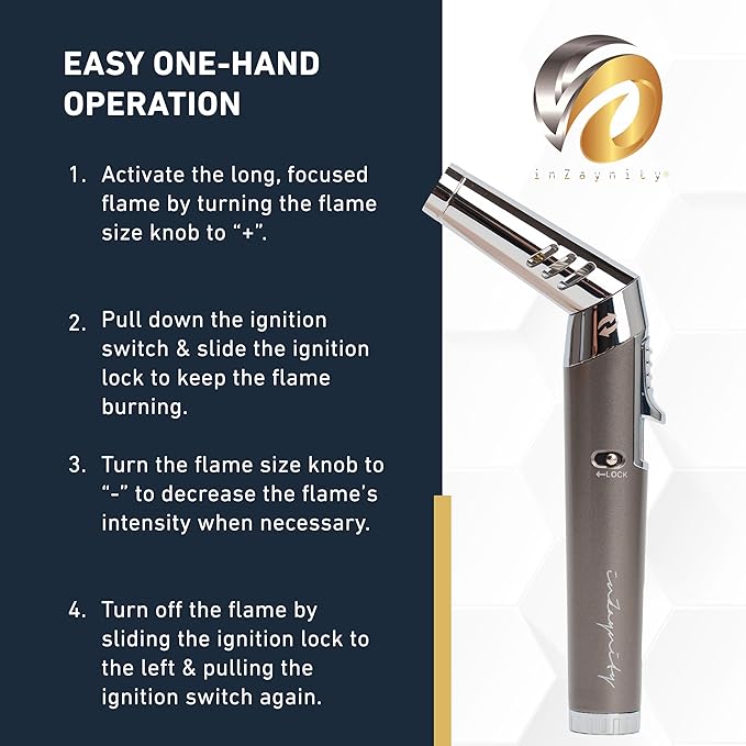 Pen Torch Lighter - Refillable Single Flame Butane Torch Lighter for Candle, & Cooking w/Adjustable Flame & Ignition Lock - Luxurious Handheld Camping Lighter & Gift Box by inZaynity - Grey & Steel
