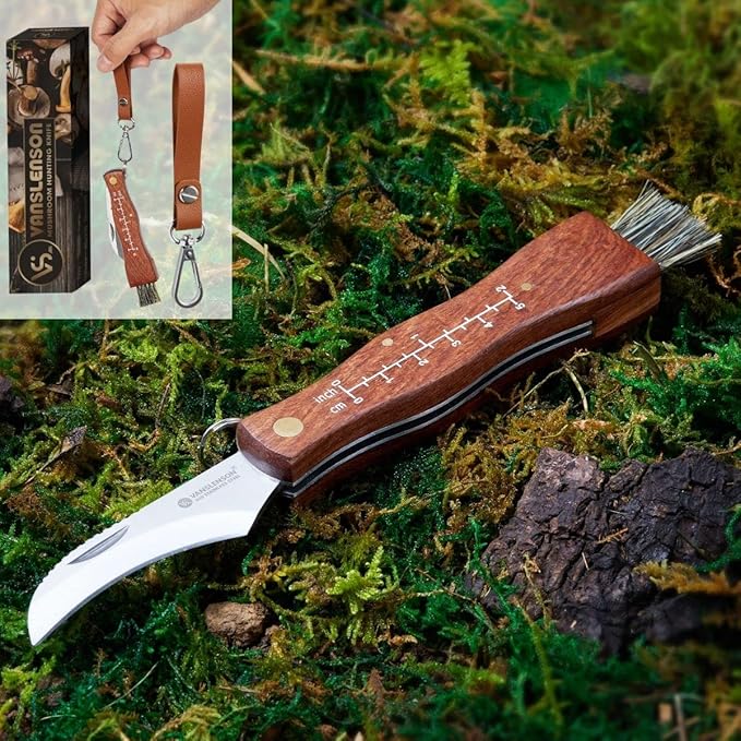 Professional Folding Mushroom Knife with Brush + Removable Leather Strap Wood Handle Foraging Knife for Fungus Truffles Handy Pocket Knife (Large)
