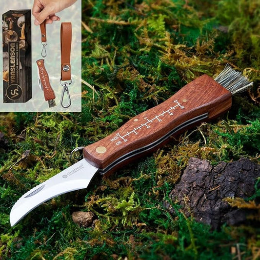 Professional Folding Mushroom Knife with Brush + Removable Leather Strap Wood Handle Foraging Knife for Fungus Truffles Handy Pocket Knife (Large)