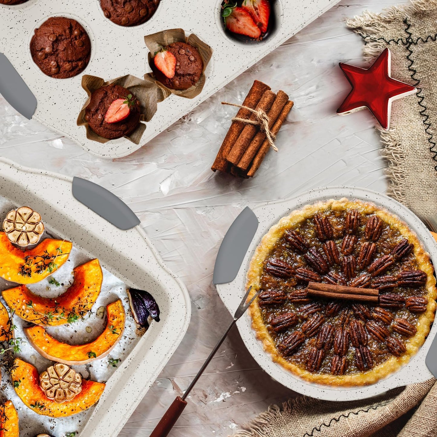 10-Piece Nonstick Baking Pans Set, Stackable Non Toxic Bakeware Sets with Cookie Sheets, Cake Pan, Loaf Pan, Pizza Pan, Muffin Pan, White&Gray