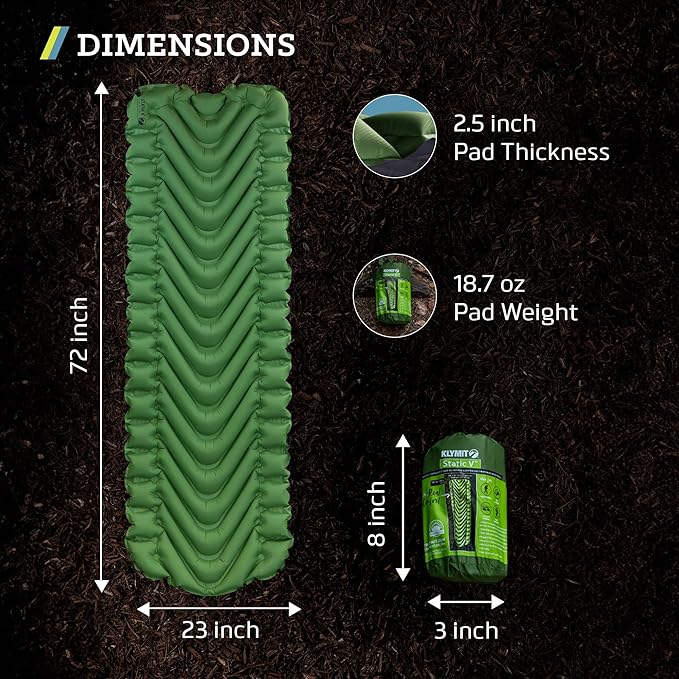 KLYMIT Static V Lightweight Inflatable Sleeping Pad | Comfortable, Lightweight, Easy to Inflate Portable Air Bed Mattress for Camping, Backpacking and Hiking — Green