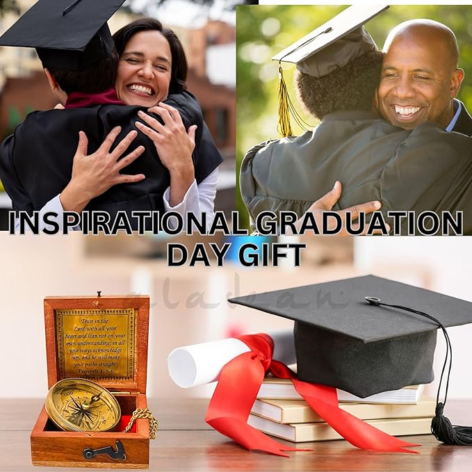 Trust in The Lord - Proverbs 3: 5-6 Engraved Compass, Wood Box Greeting, Inspirational Gift Men, Christian Boys Baptism Gifts, Graduation Day