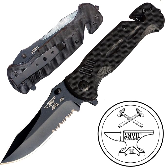 BULLSHARK 8CR13 - Folding Pocket Knife - Serrated Blade Black Assisted Open