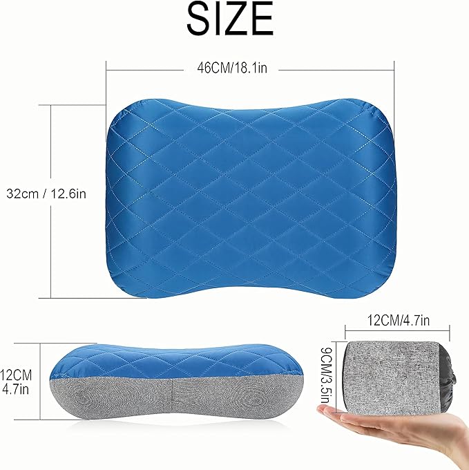 Portable Inflatable Neck Pillow for Outdoor Travel, Camping, Office Naps-Polyester + Washable Cotton-Color Available-Simple and Comfortable (Blue)