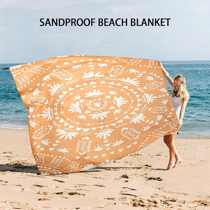 Sandproof Waterproof Beach Blanket, 78''×86'' Large Foldable Picnic Blankets for 1-4 Adults w/ 4 Stakes & 4 Pockets, Polyester Lightweight Sand Free Boho Outdoor Beach Mat for Camping, Hiking, Travel