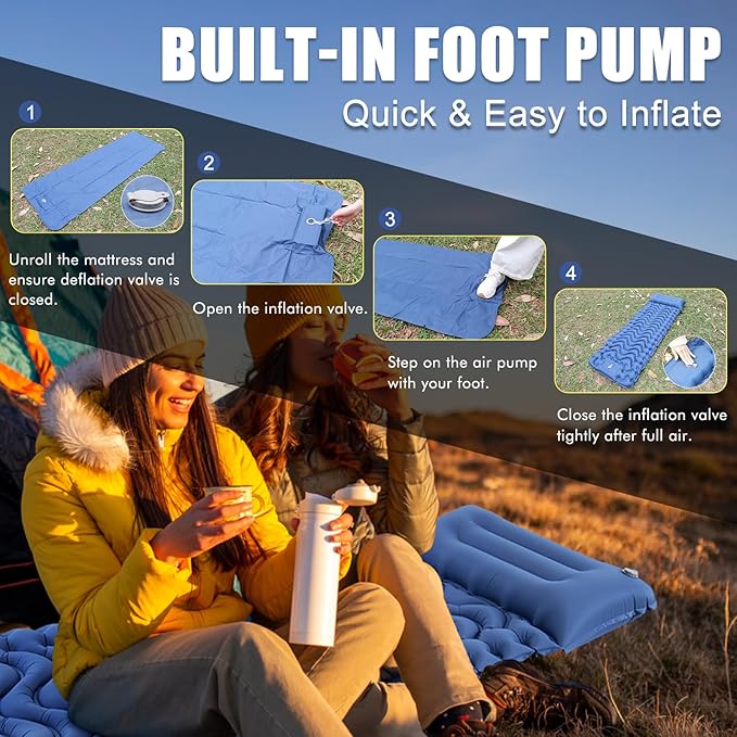Camping Sleeping Pad, Inflatable Sleeping Mat with Pillow Built-in Foot Pump, Super Comfort Camping Mattress for Backpacking Hiking Traveling Tent, Compact & Lightweight