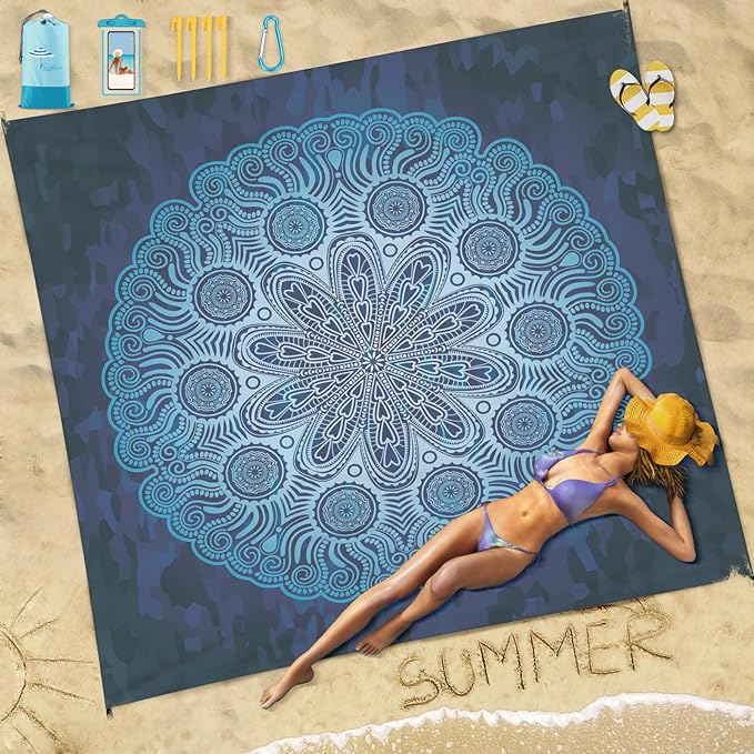 Beach Blanket Sandproof Waterproof 78''×81'' 1-5 Adults Oversized,Compact Lightweight Durable Beach Mat for Travel Camping Hiking Picnic Blanket