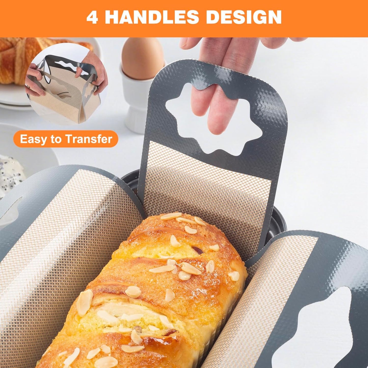2 Pcs Silicone Bread Loaf Pan Liners, Reusable Food-Grade Silicone Bread Baking Mat, Non-Stick & Heat Resistant Loaf Pan Lifters, Sourdough Sling with 4 Handles, Fits 9x5" or 1.5Lb Loaf Pans