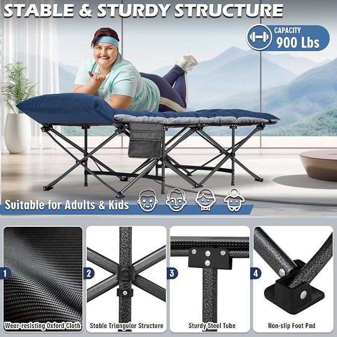 Oversized Folding Camping Cot 32inch w/Mattress, Heavy Duty Portable Sleeping Cot with Carry Bag, Double Layer Oxford Travel Camp Cots for Outdoors & Indoors, Suit for Adults Kids ，Navy/Grey