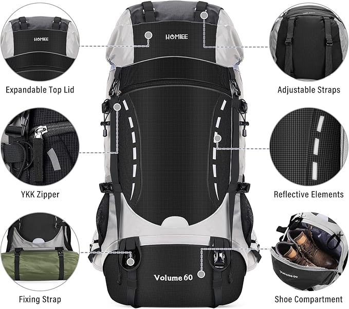 HOMIEE 50L Hiking Backpack Travel Bag Waterproof Camping Backpack with Rain Cover Lightweight Backpacking Backpack Rucksack