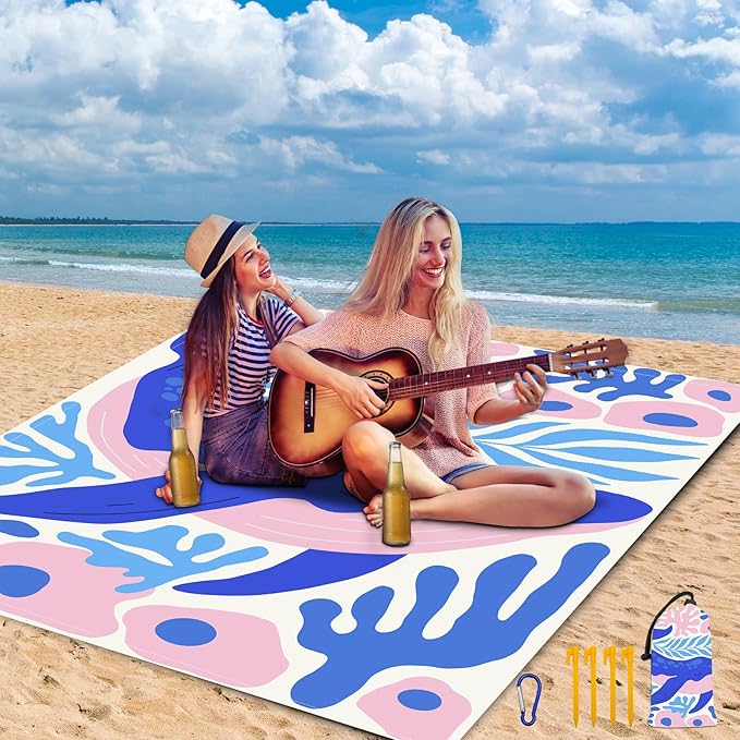 Large Beach Blanket Waterproof Sandproof 79"x 83" for 1-4 Adults,Quick Drying Beach Mat,Lightweight & Durable,Beach Essentials for Family Beach Camping Travel Picnic (Blue Whale)