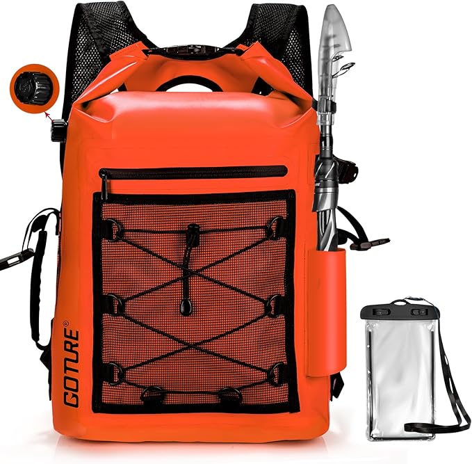 Goture Dry Bag Waterproof Backpack,20L Fishing Tackle Bag with Rod Holder,Padded Shoulder Straps and Air Exhaust Valve,500D PVC Dry Sack Bag with Phone Case for Kayaking,Boating,Fishing,Travel