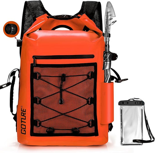 Goture Dry Bag Waterproof Backpack,20L Fishing Tackle Bag with Rod Holder,Padded Shoulder Straps and Air Exhaust Valve,500D PVC Dry Sack Bag with Phone Case for Kayaking,Boating,Fishing,Travel