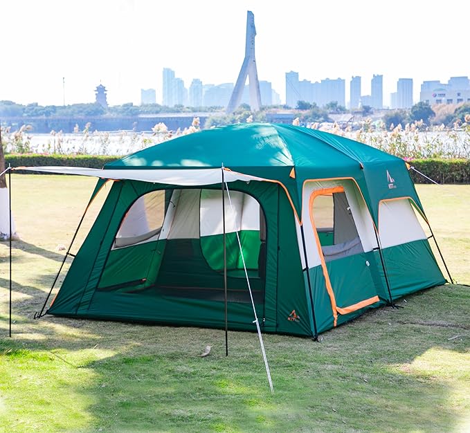 KTT Extra Large Tent 10-12-14 Person(B),Family Cabin Tents,2 Rooms,3 Doors and 3 Windows with Mesh,Straight Wall,Waterproof,Double Layer,Big Tent for Outdoor,Picnic,Camping,Family Gathering