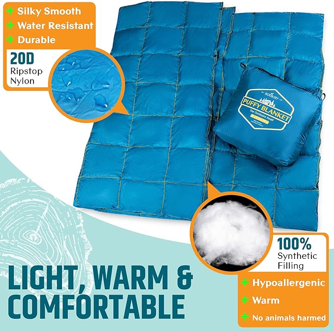 Puffy Camping Blanket Packable Vegan (Down Alternative) Compact Lightweight XL Blankets for Outdoor Cold Weather Backpacking Hiking Travel Stadium - Water-Resistant