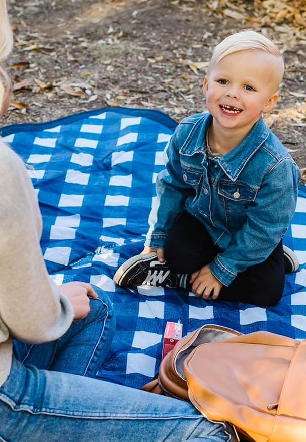 Little Unicorn Outdoor Family Picnic & Beach Blanket, Water-Resistant, Compact Fold, Large Size, 5 x 7 feet, (Navy Plaid)